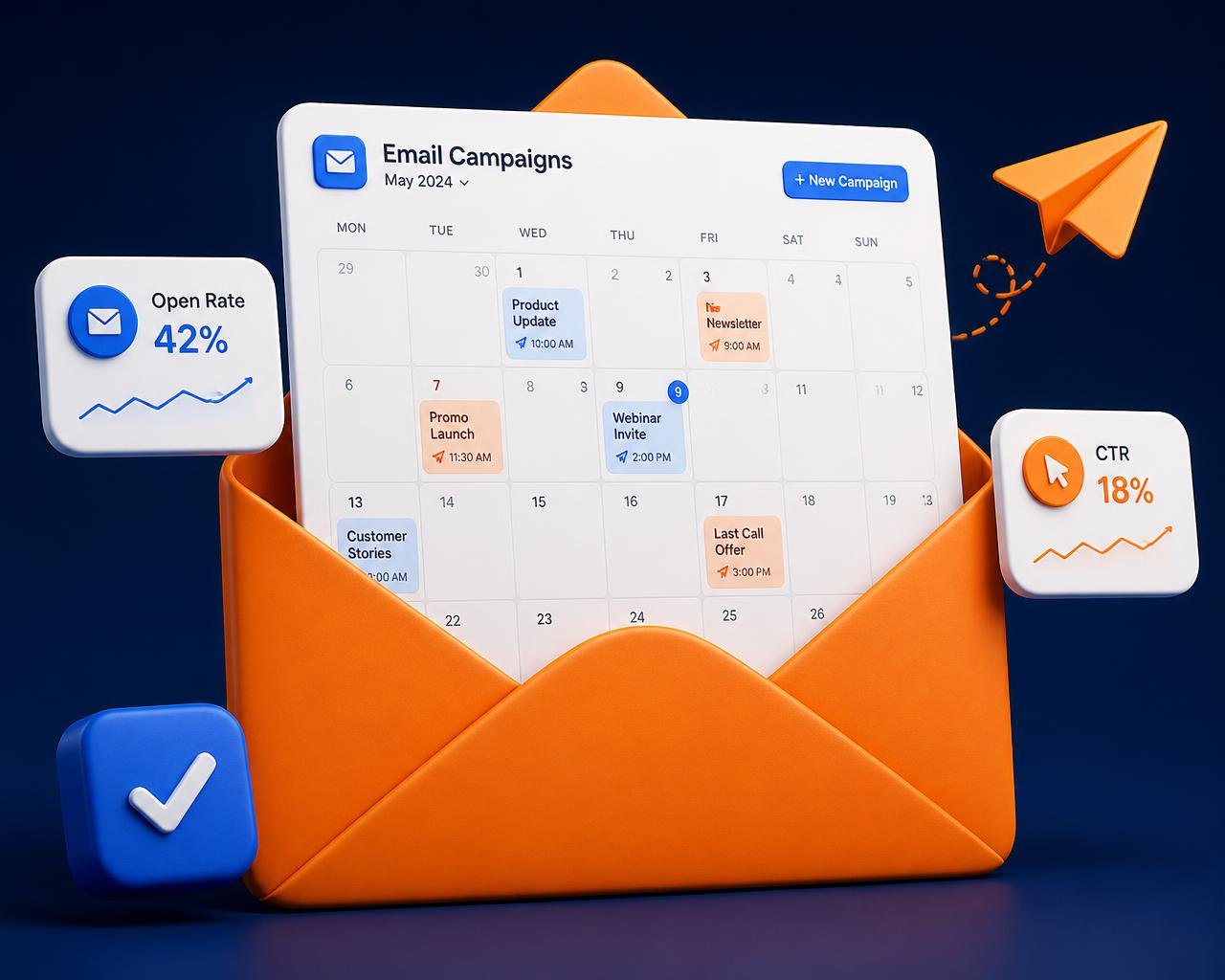 Email campaign performance artwork with a campaign calendar, message envelope, and analytics Email campaign performance artwork with a campaign calendar, message envelope, and analytics