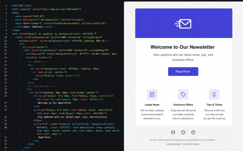 Lean HTML email code beside its rendered template Lean HTML email code beside its rendered template