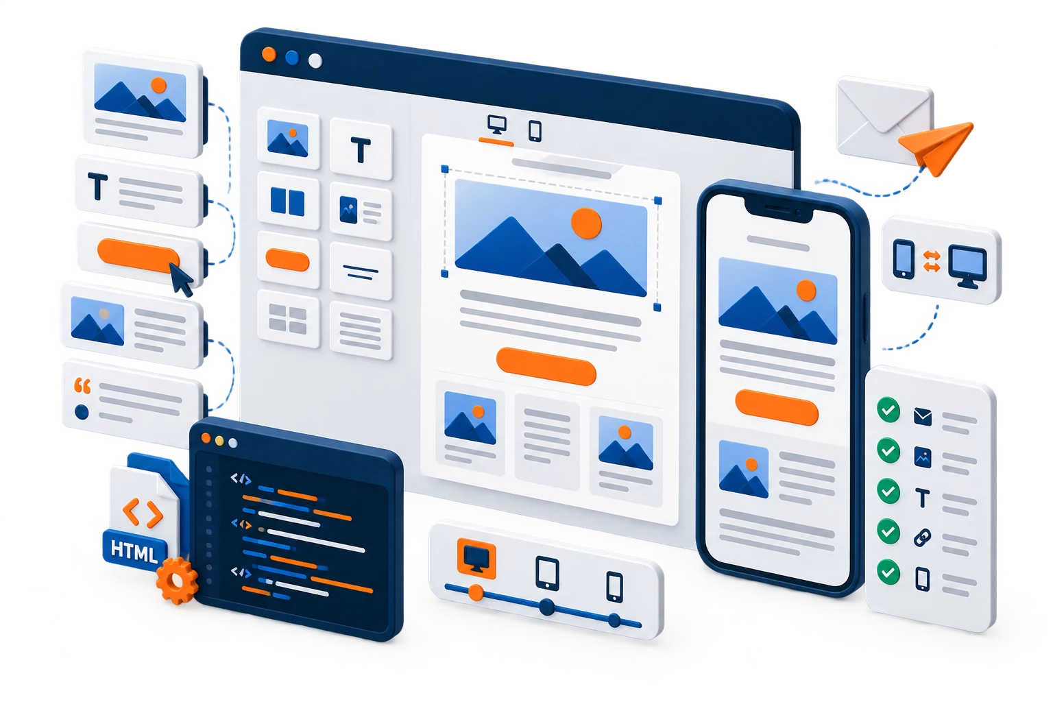 Email template production workflow with modular layouts, responsive previews, HTML coding, and quality assurance checks Email template production workflow with modular layouts, responsive previews, HTML coding, and quality assurance checks