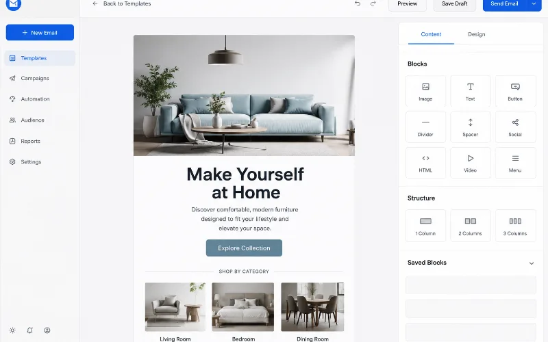 Email template editor showing a precisely designed campaign Email template editor showing a precisely designed campaign