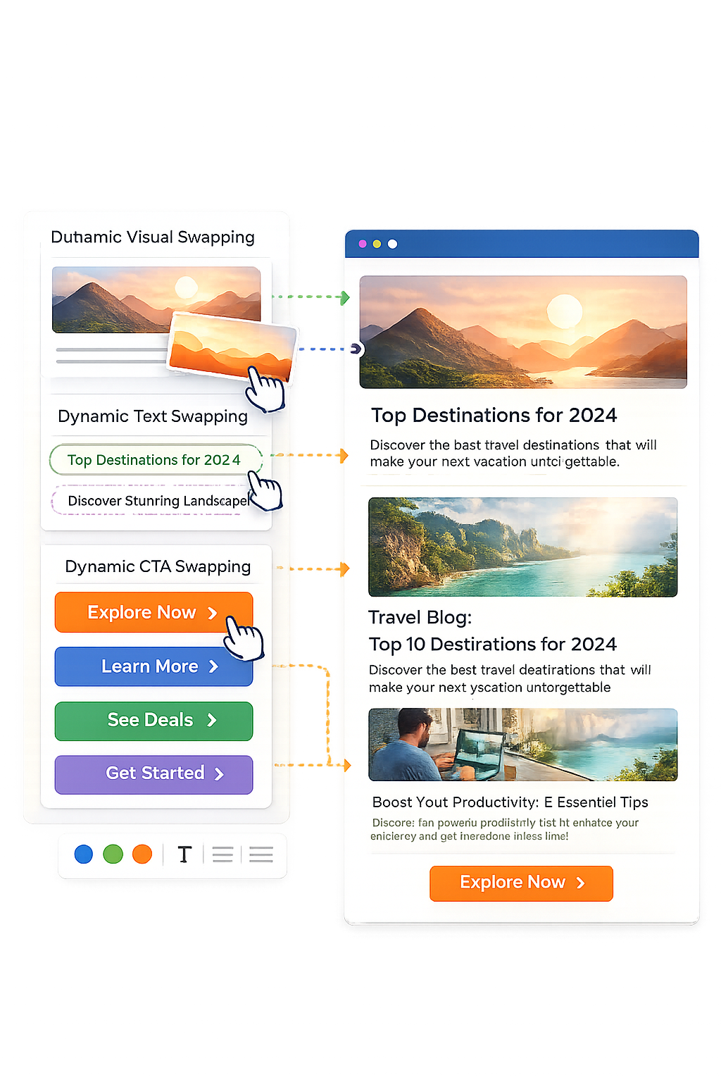Modular email editor showing dynamic image, text, CTA, and layout controls