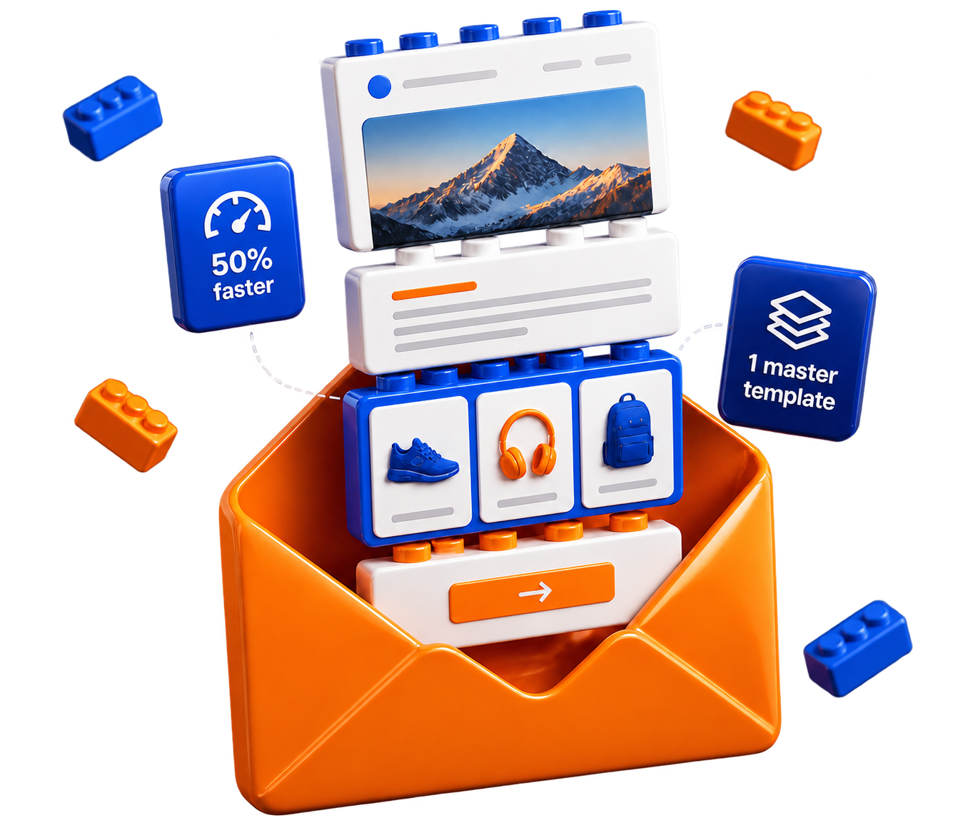 Modular email template blocks assembling out of an orange envelope